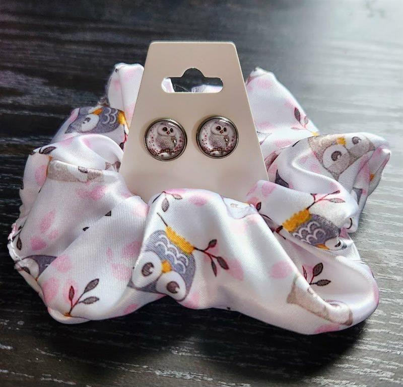 Ensemble chouchou et boucles d'oreilles | Hiboux | Neuf