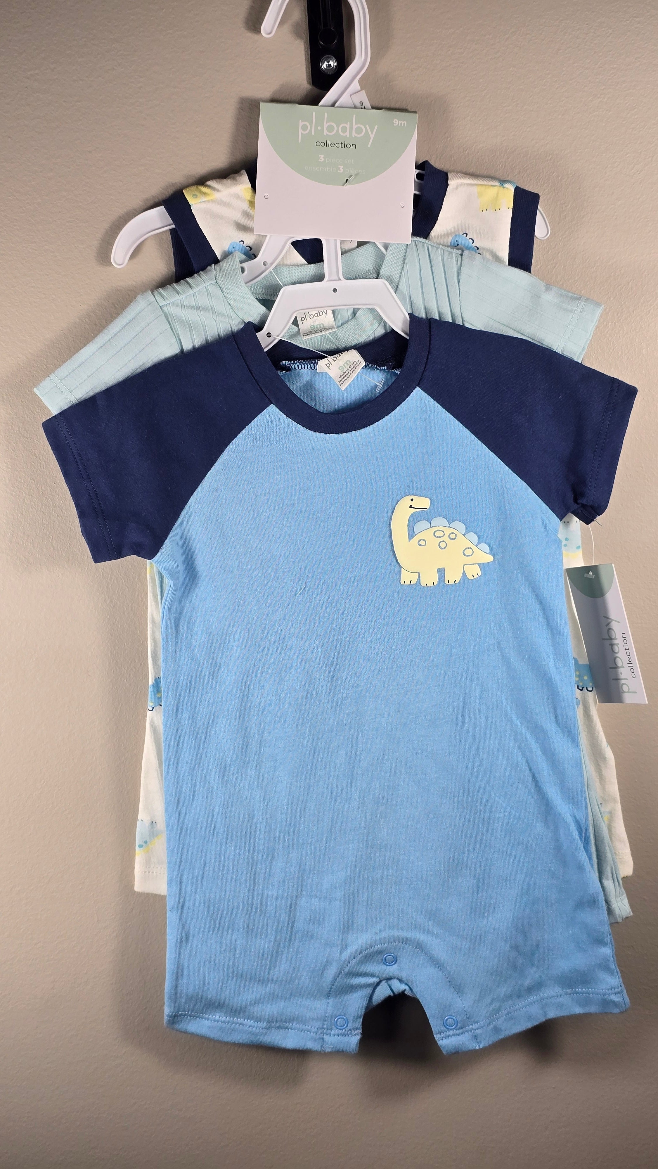 *Neuf Ensemble de 3 barboteuses dino | PL Baby | 9 mois