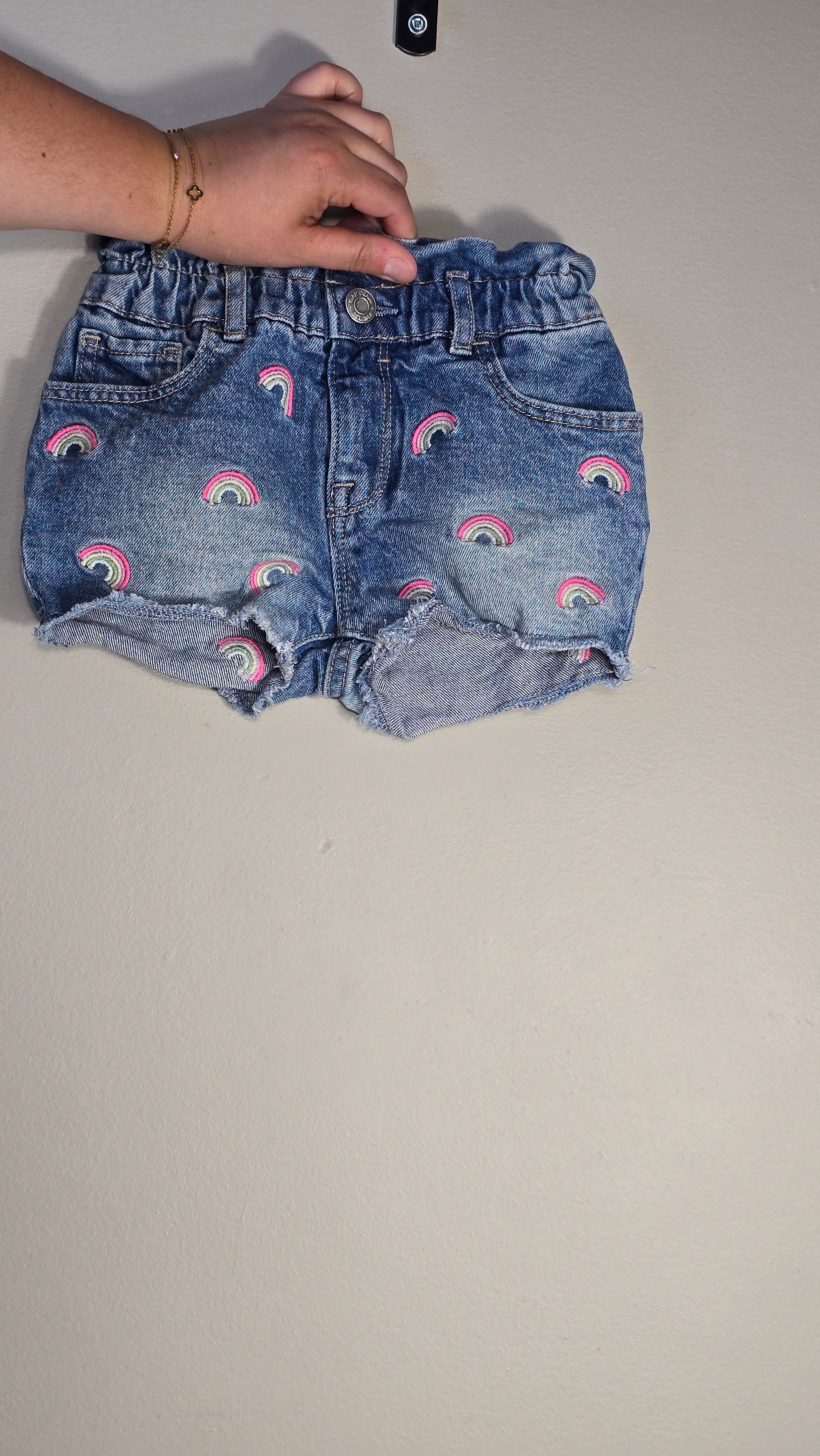 Rainbow embroidered paperbag waist denim shorts | Baby Gap | 18-24 months