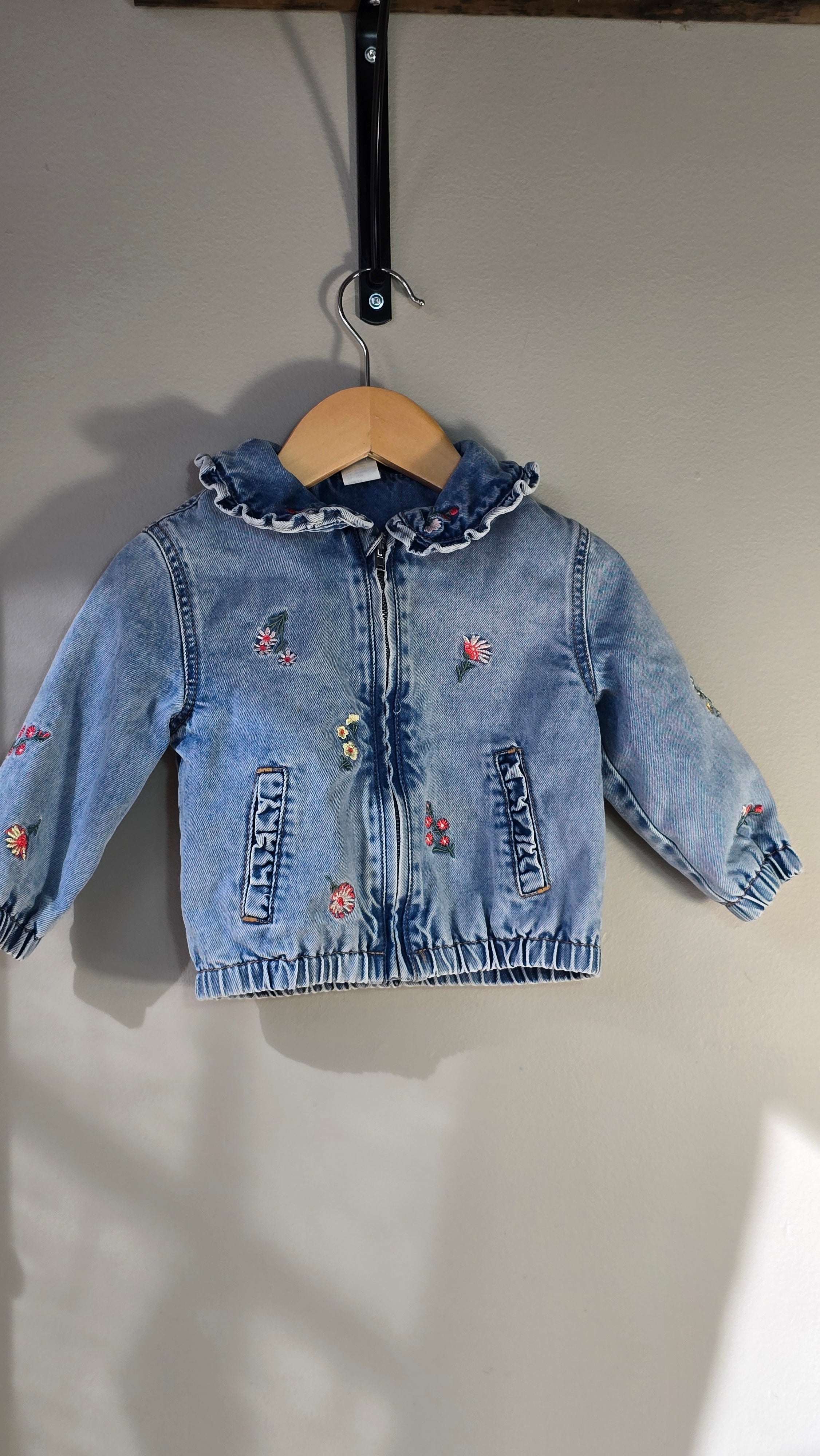 Floral embroidered denim jacket | H&M | 9-12 months *small faint stains