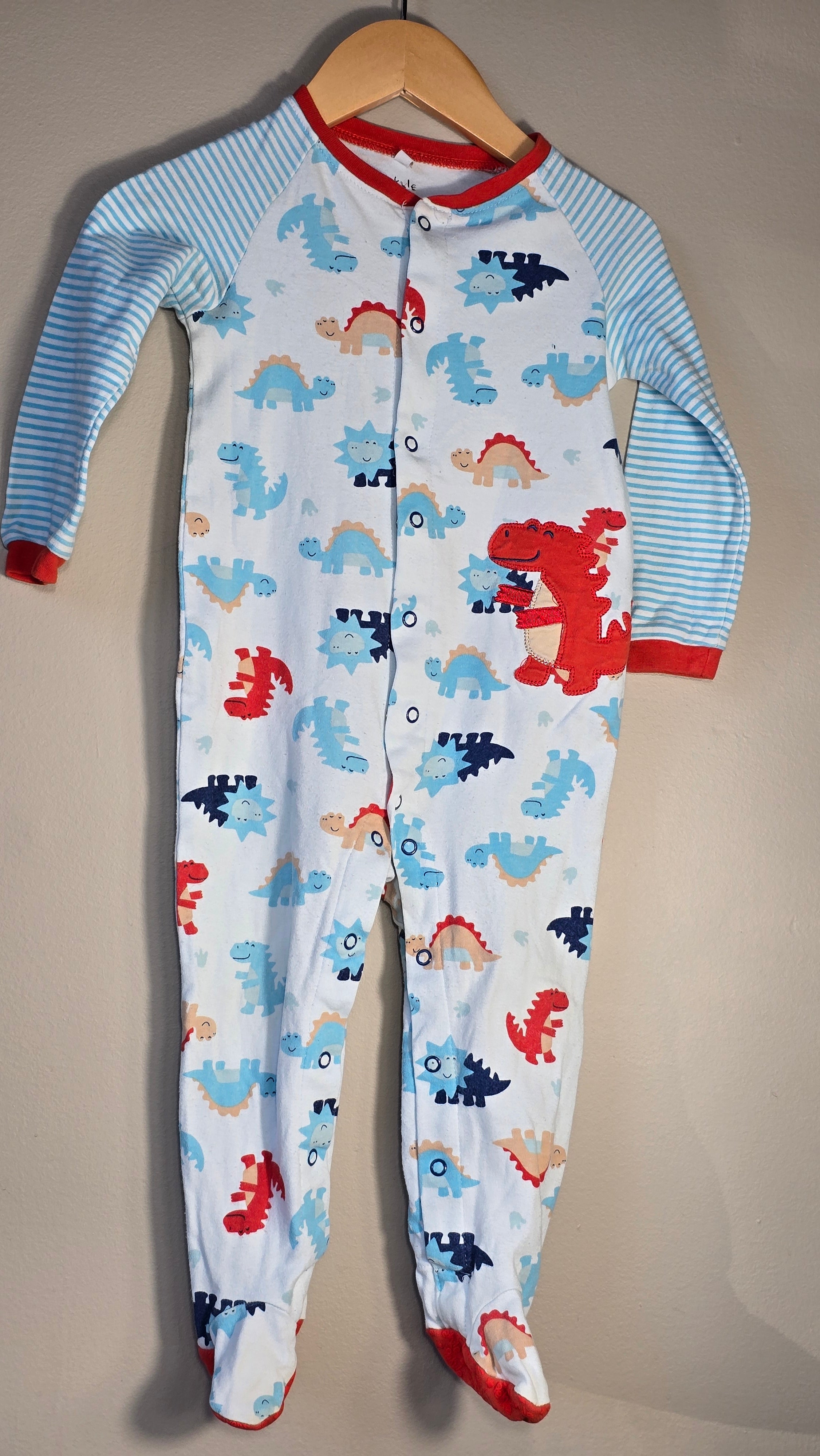 Dinosaur button-up pajamas | Pekkle | estimated 18 months (Faded writing)